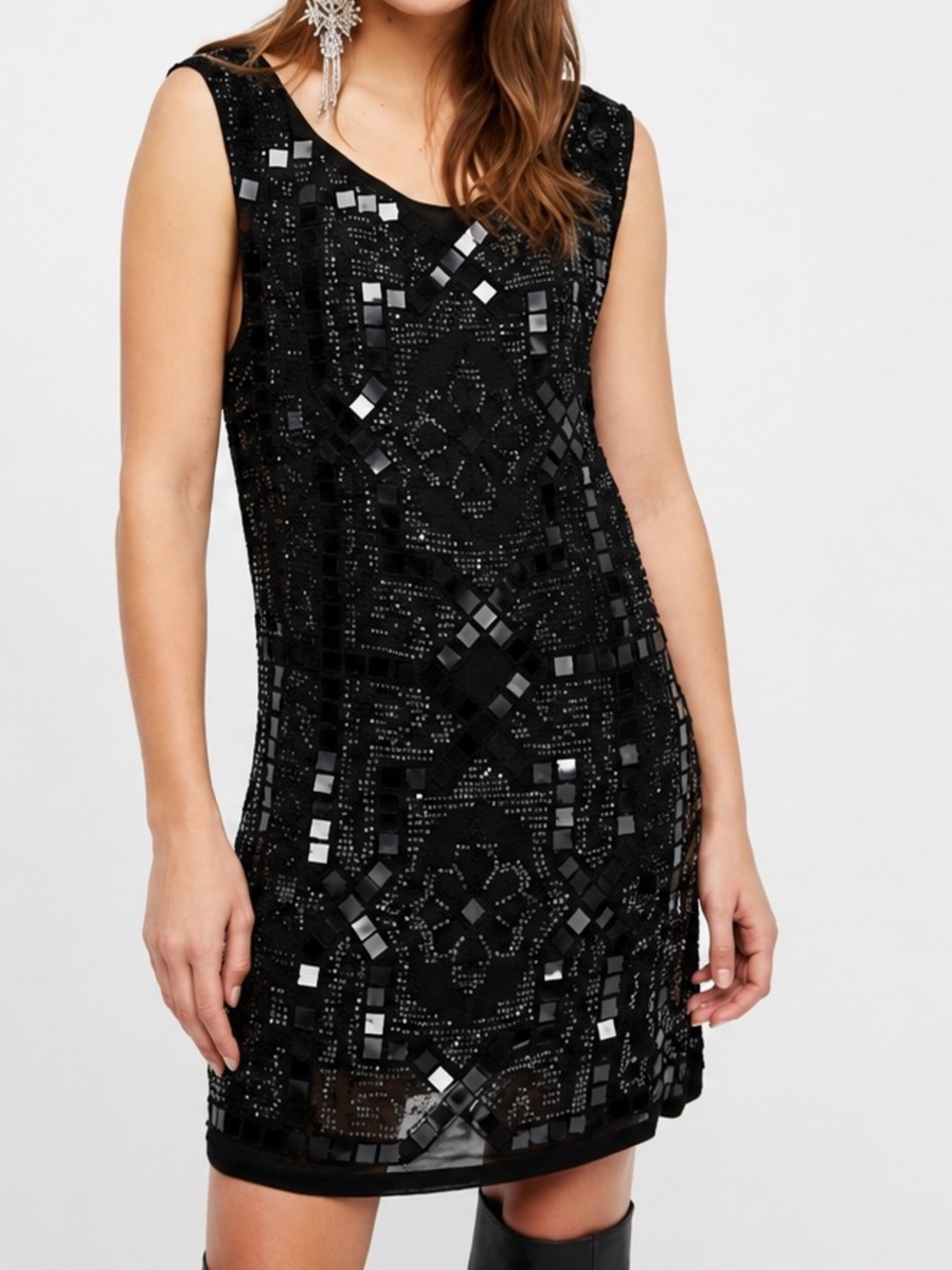 Free People Speak Easy Beaded Sequin Open Back Mini Dress Black 4 NWT